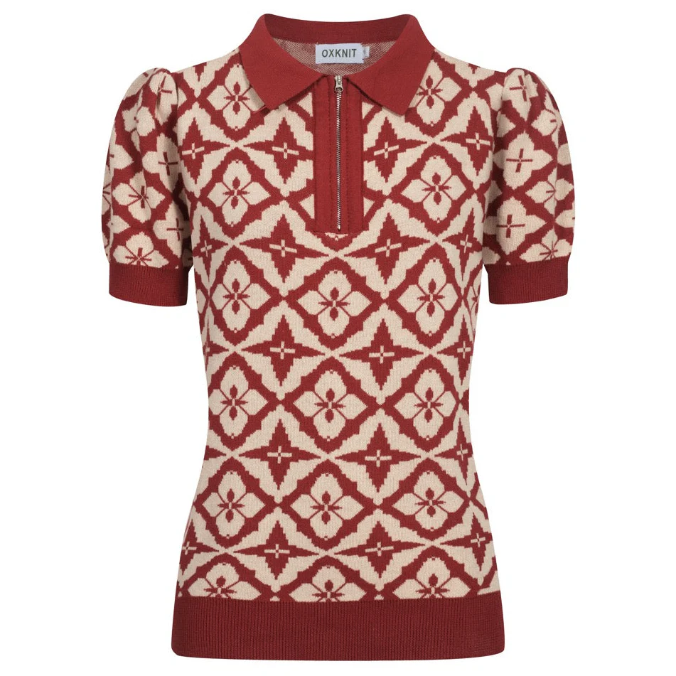 Women's vintage red jacquard zipper V-neck polo
