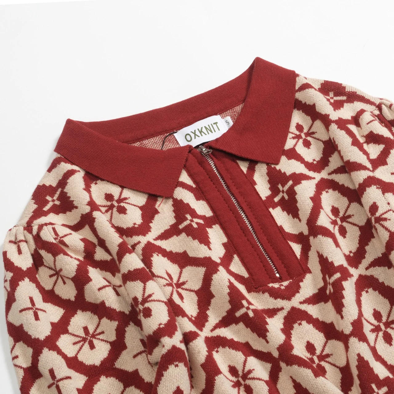 Women's vintage red jacquard zipper V-neck polo - Image 10
