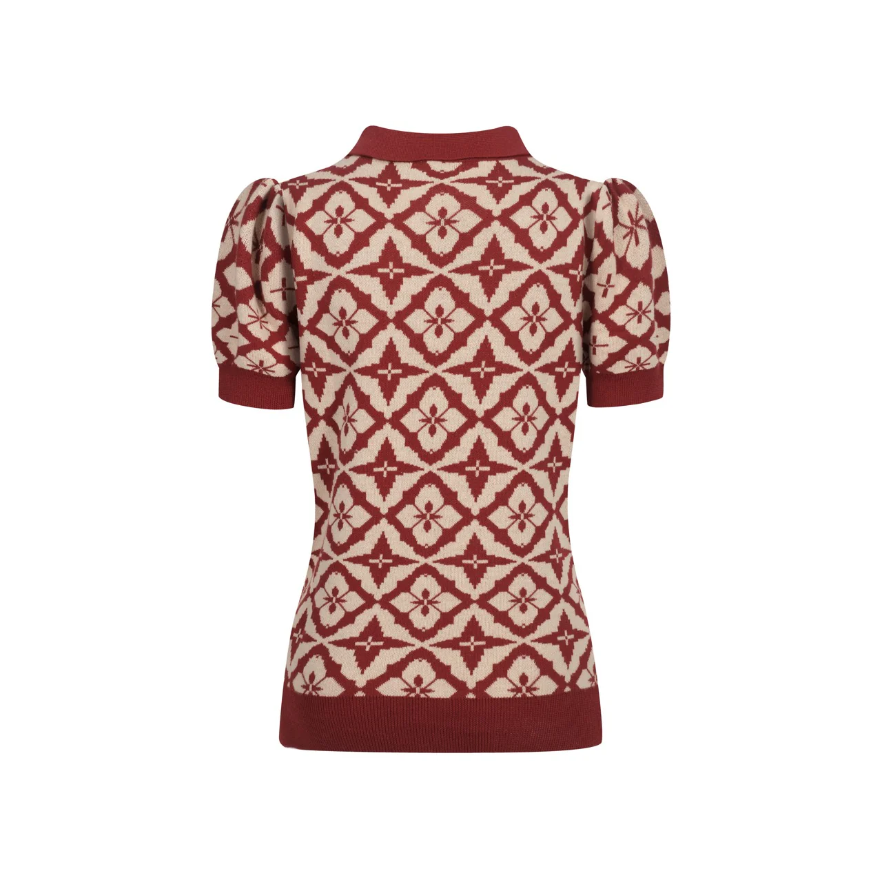 Women's vintage red jacquard zipper V-neck polo - Image 3