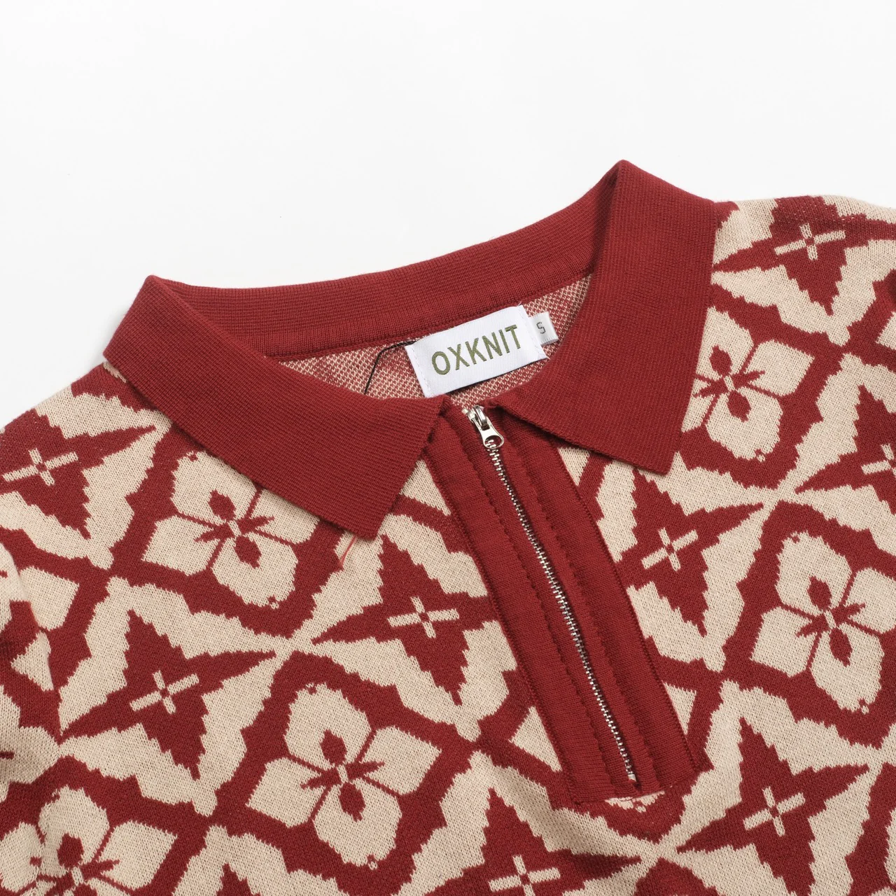 Women's vintage red jacquard zipper V-neck polo - Image 4