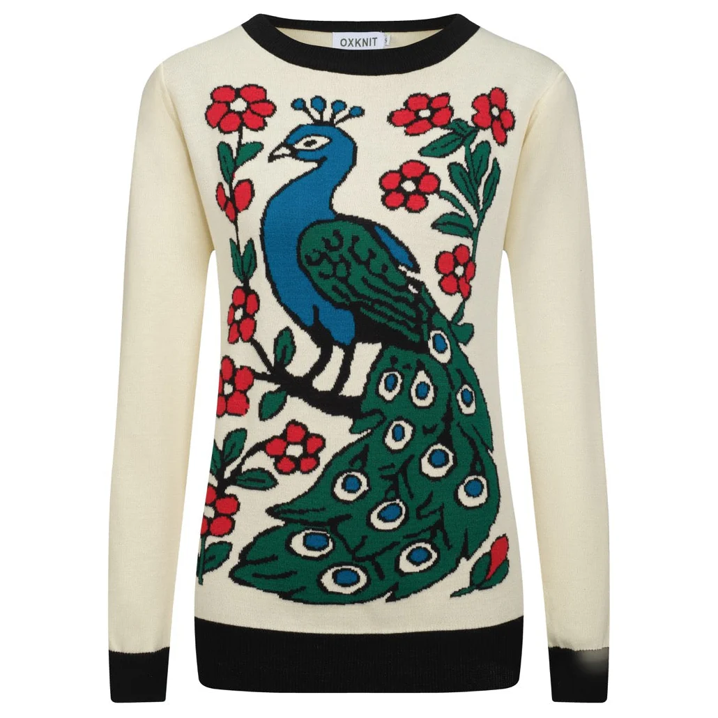 Women's vintage white peacock jacquard knitwear