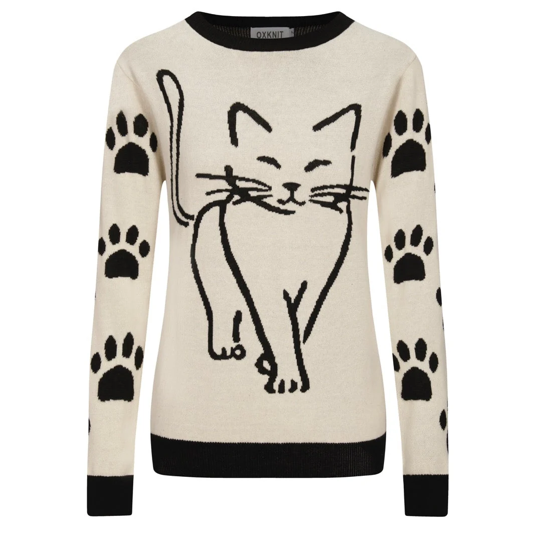 Women's White Apricot Artistic Cat Retro Fashion Jacquard Knitwear