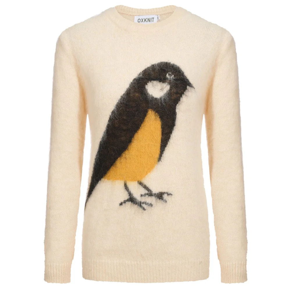 Women's white apricot bird jacquard plush knitwear