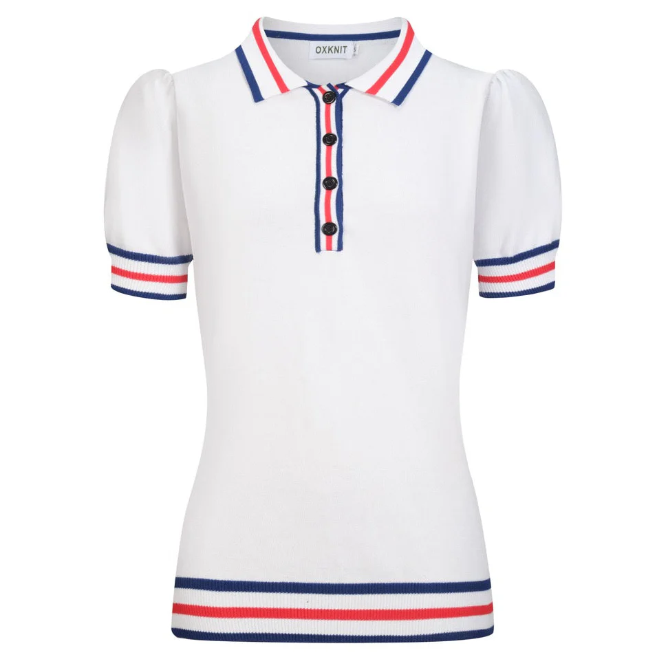 Women's white apricot striped design puffed sleeve knitted polo