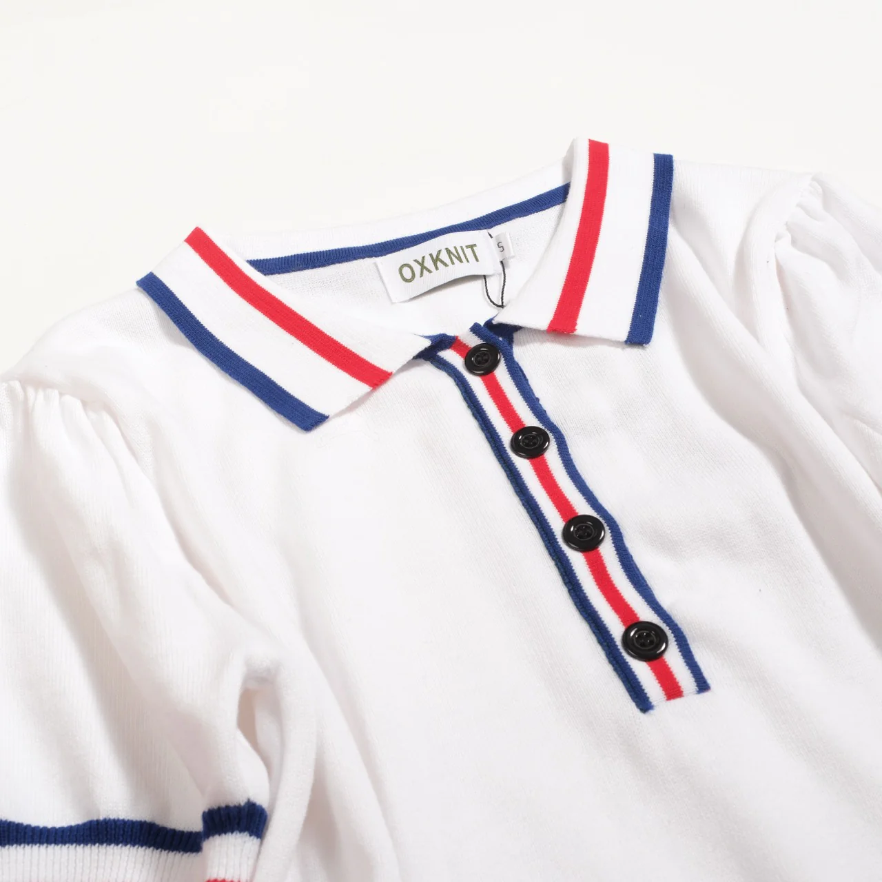 Women's white apricot striped design puffed sleeve knitted polo - Image 10