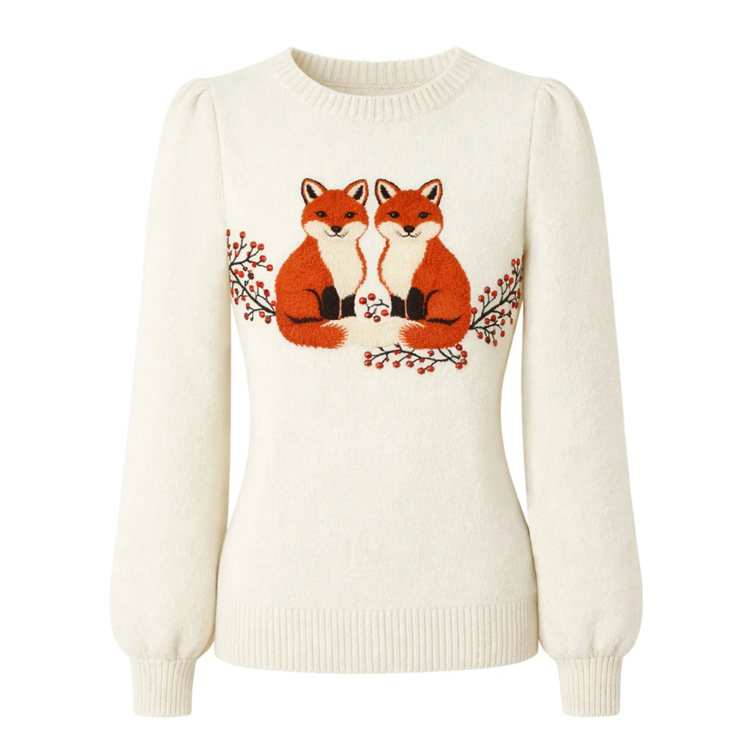 Women's White embroidered fox bubble sleeve Knitwear