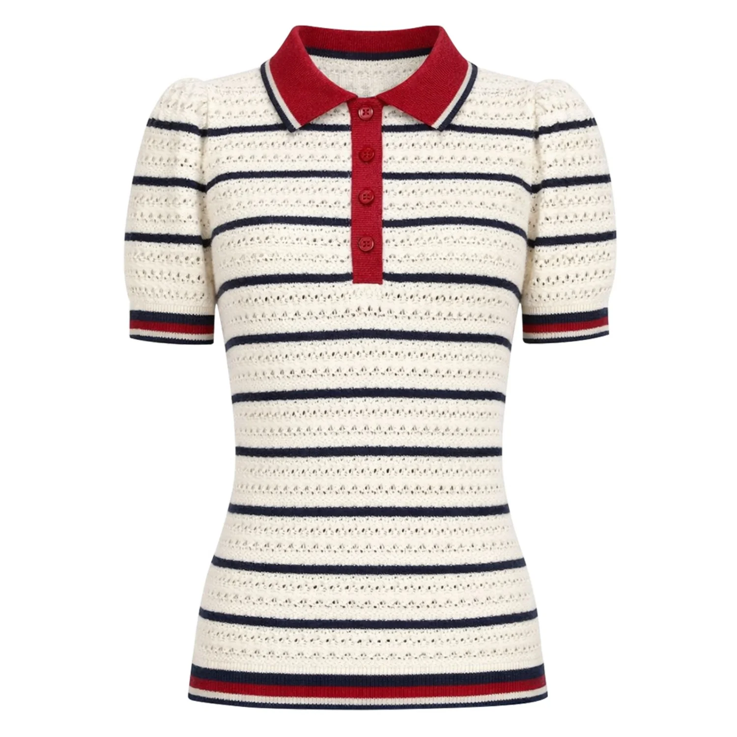 Women's white striped hollow-out vintage knit polo