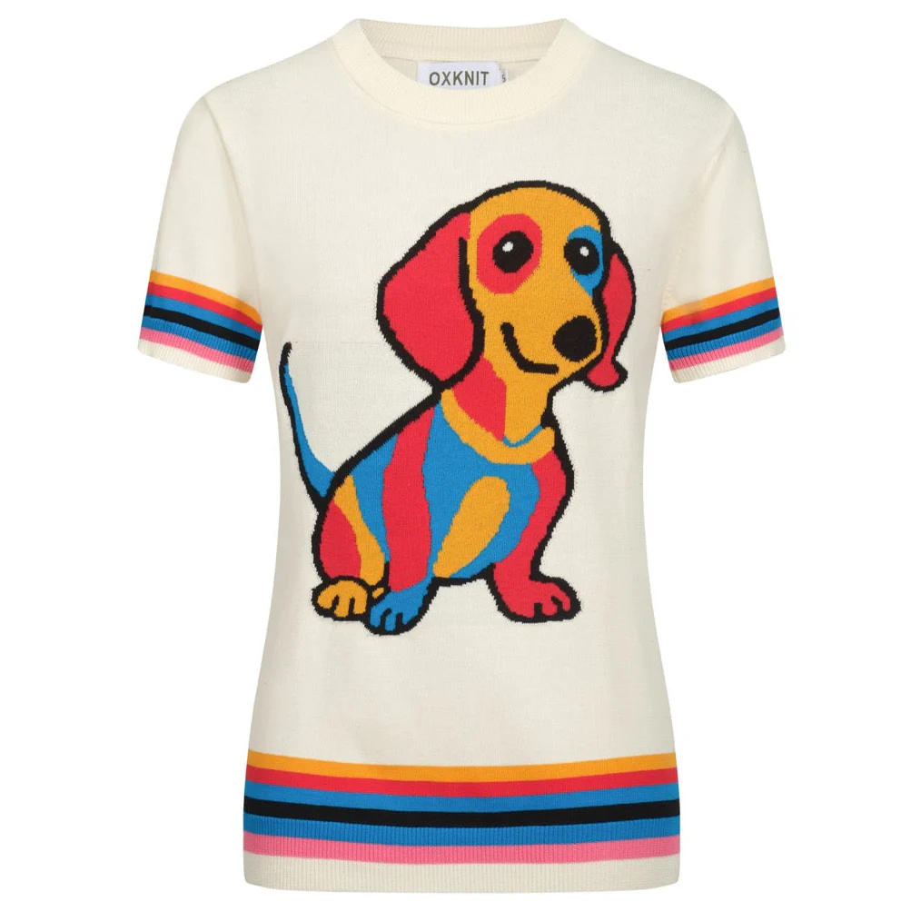 Women's white vintage puppy jacquard knit T-shirt