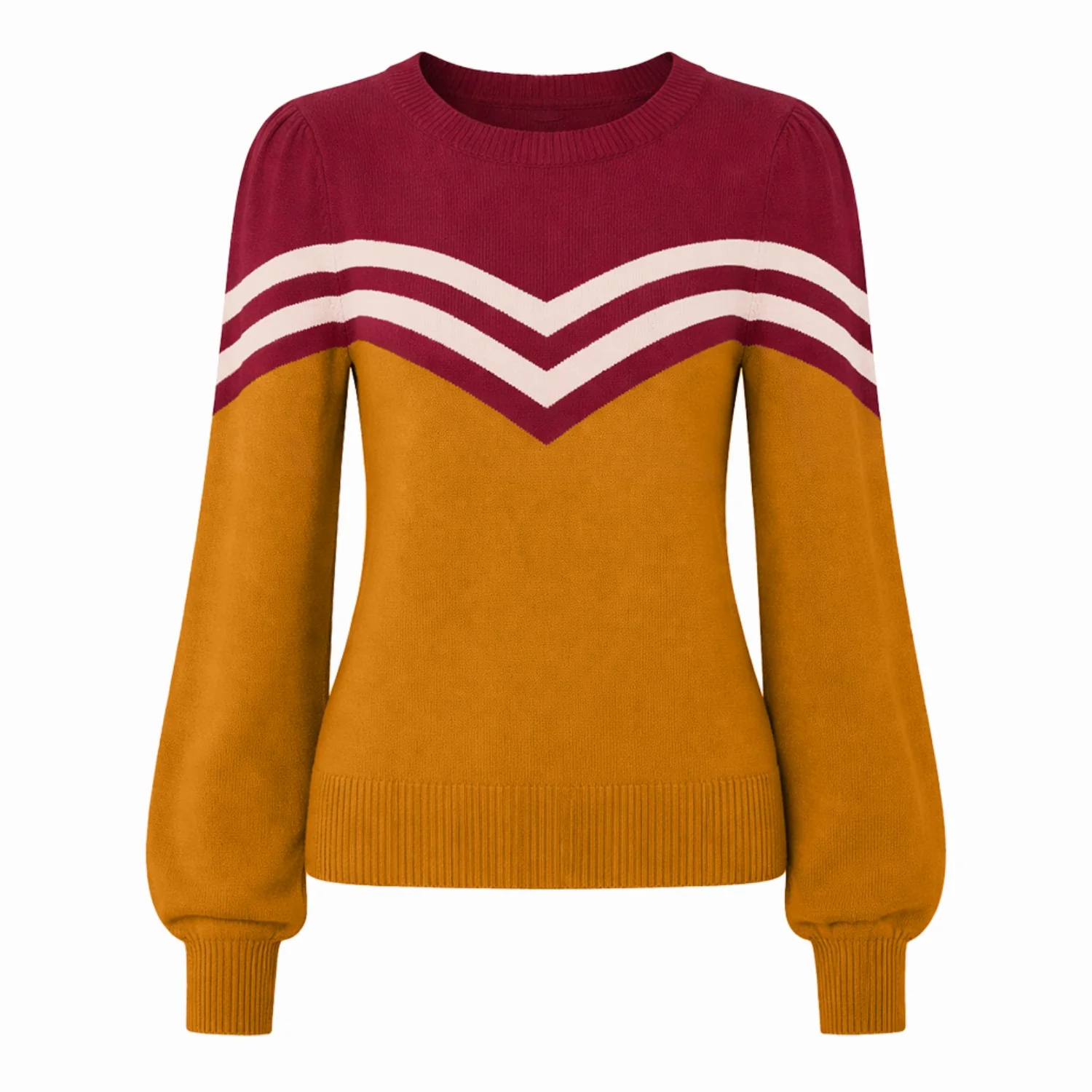 Women's yellow art vintage jacquard bubble sleeve knitwear