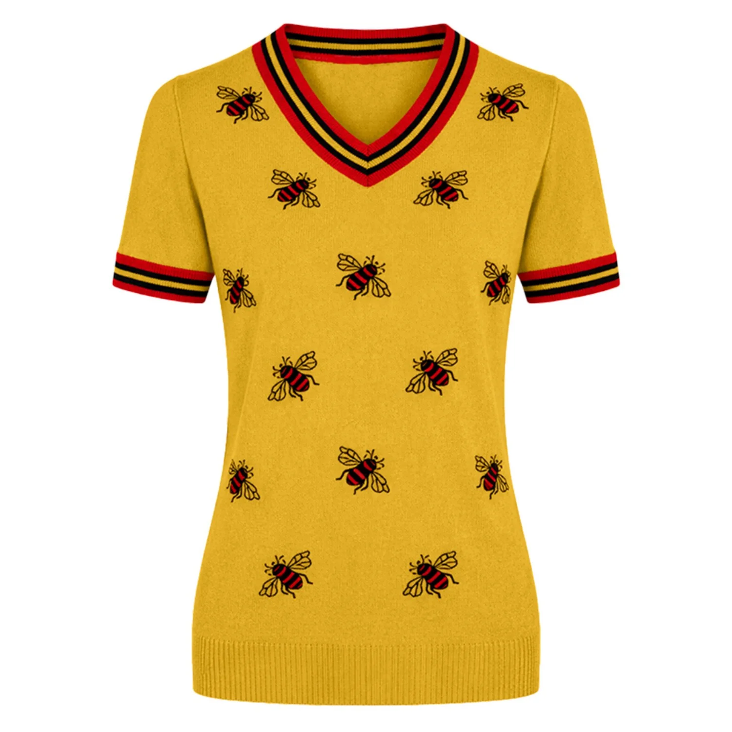 Women's yellow bee jacquard knitted V-neck T-shirt