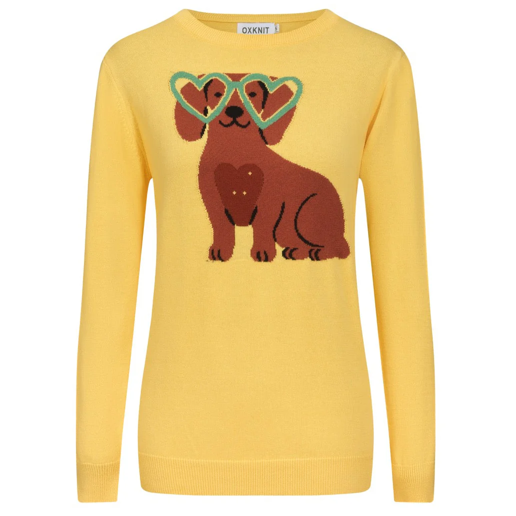 Women's yellow dog jacquard vintage knitwear