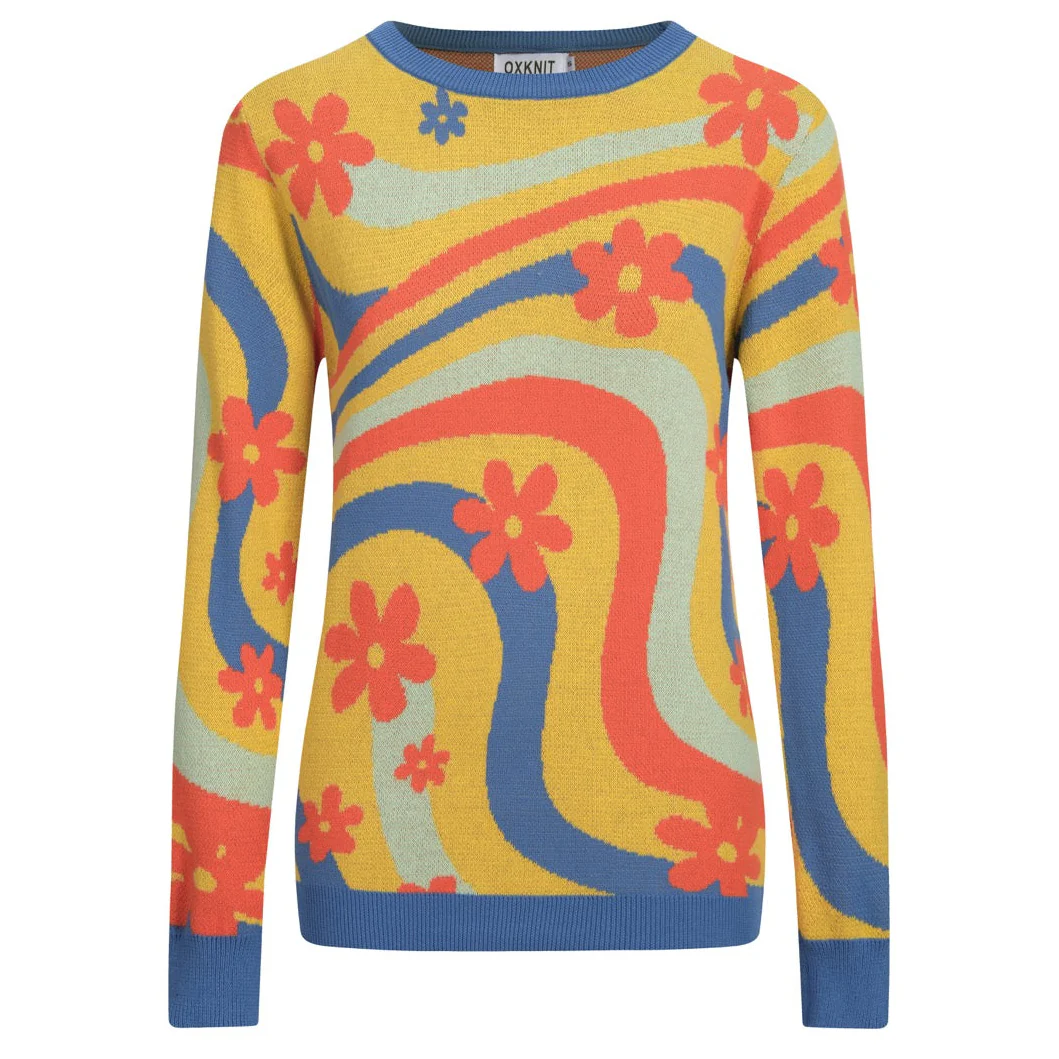 Women's Yellow Flower Art Stripes Jacquard Knitwear