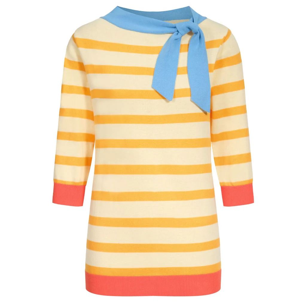 Women's yellow striped cropped sleeve knit T-shirt