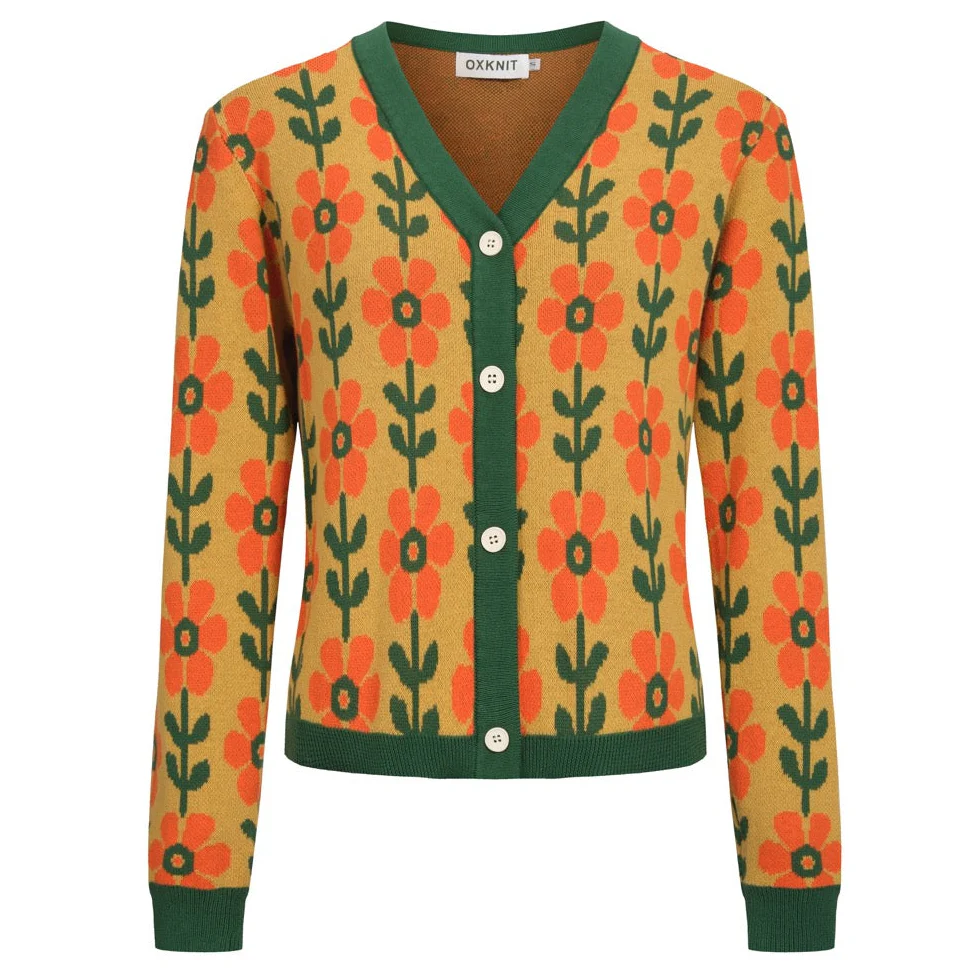 Women's yellow vintage floral knit cardigan - Cropped Length