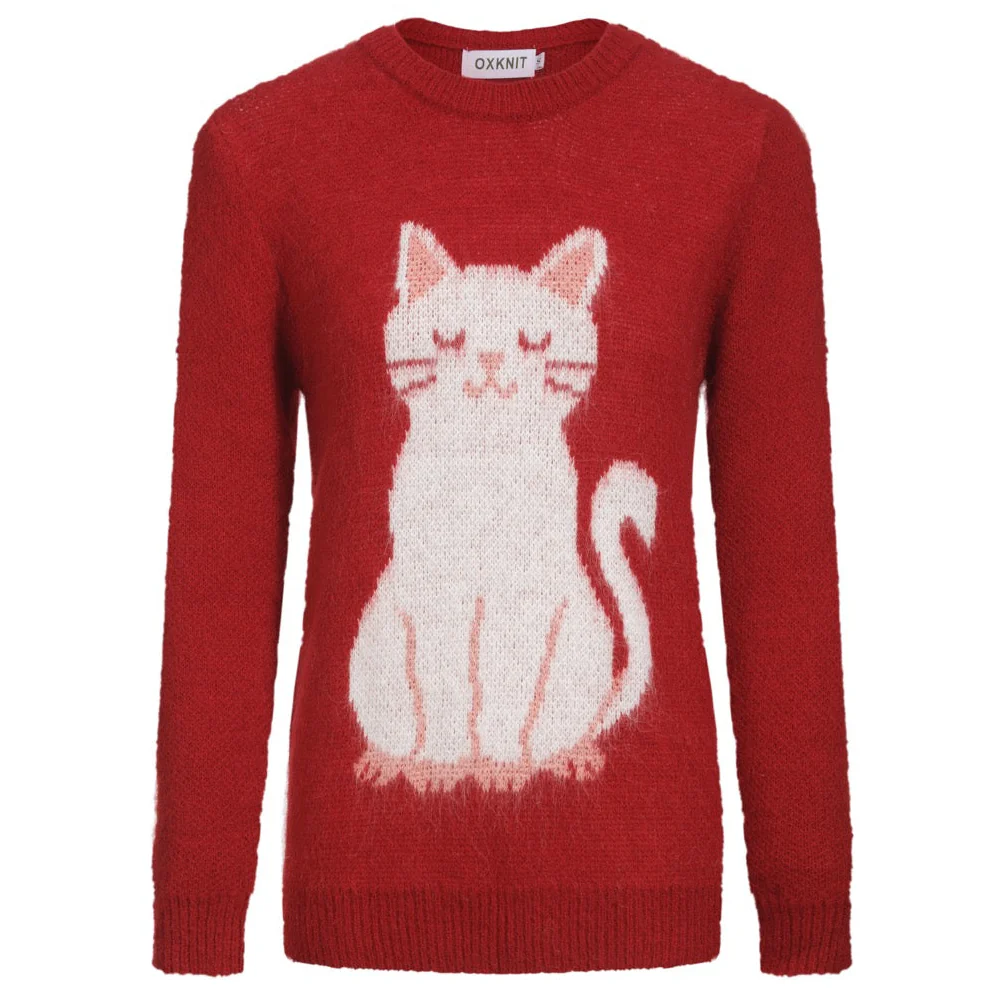 Women's red cute cat jacquard plush knitwear
