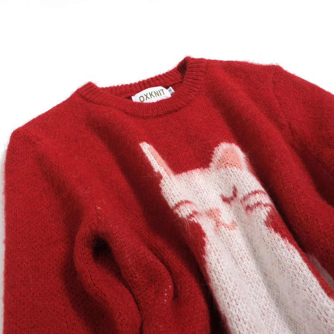 Women's red cute cat jacquard plush knitwear - Image 8